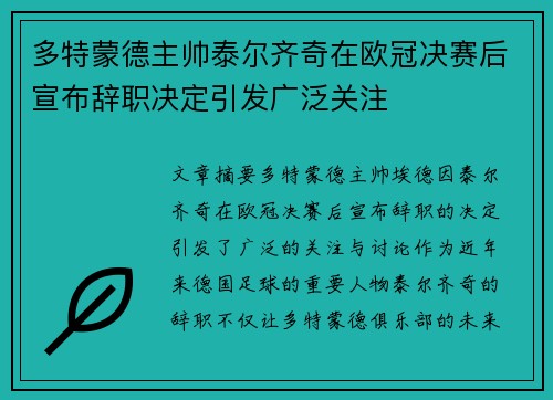 多特蒙德主帅泰尔齐奇在欧冠决赛后宣布辞职决定引发广泛关注